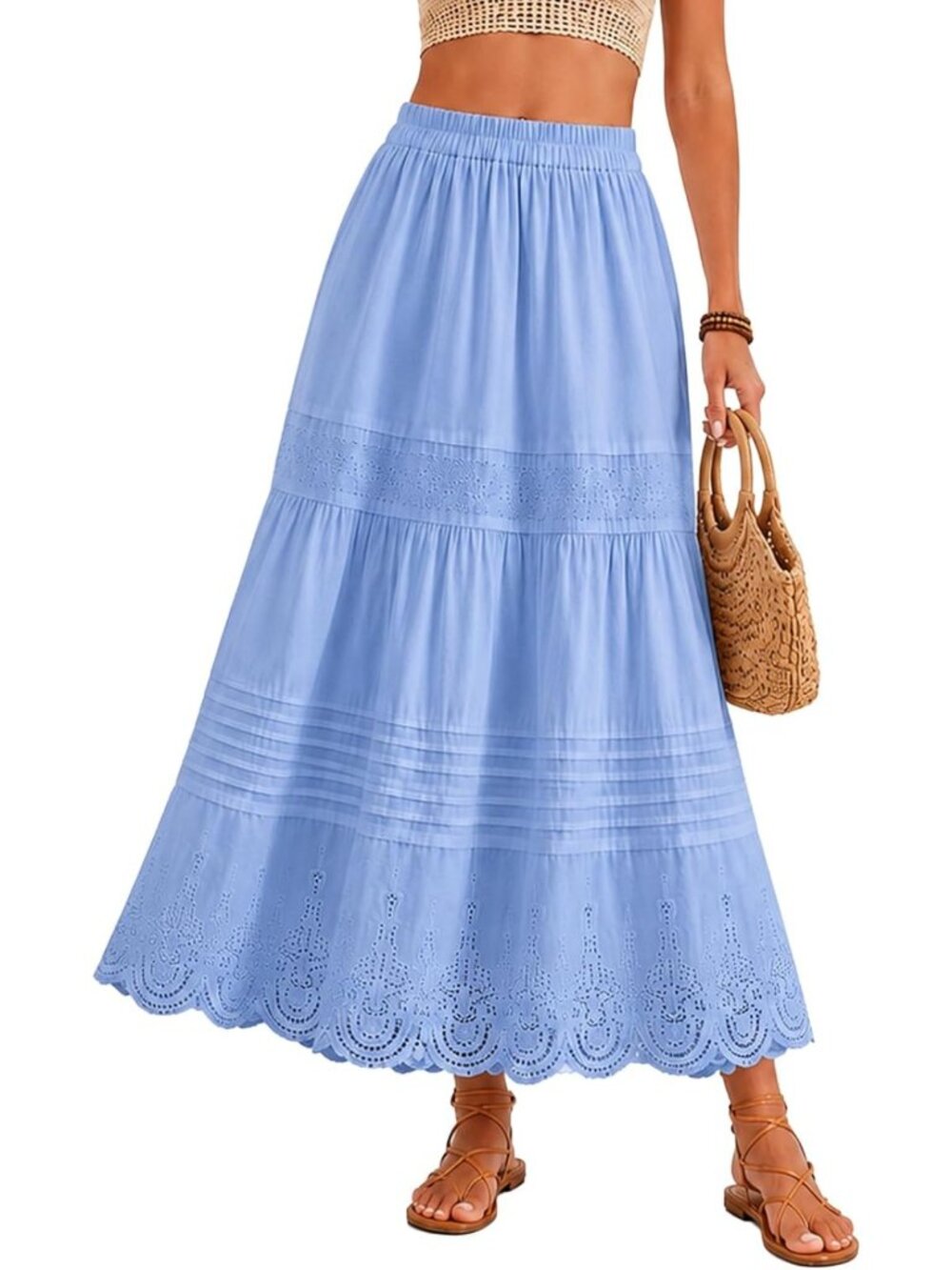 Boho Summer Midi Skirt - Cotton A-Line with Elastic Waist & Eyelet Embroidery